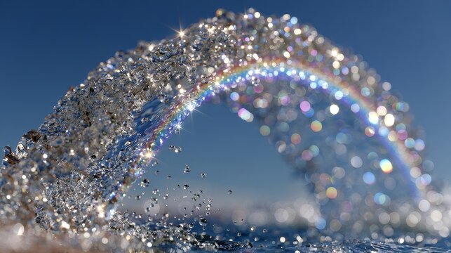 A fountain's water jet arching against a blue sky with sunlight creating glints.
