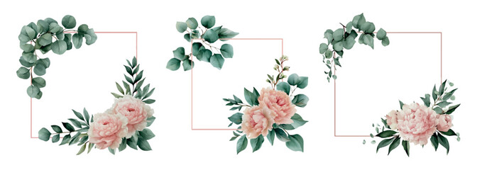 Watercolor floral frames, three elegant designs featuring blush peonies and green eucalyptus branches, creating decorative borders for wedding invitations, greeting cards, or event announcements © Mari
