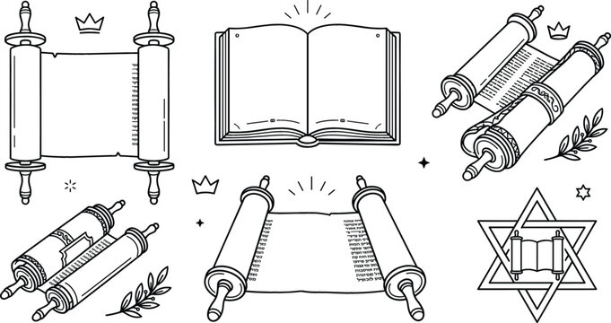 Torah scroll and holy bible line art vector icons set featuring star of david crowns and olive branches