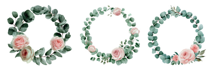 Watercolor eucalyptus and rose wreaths providing beautiful floral frames for celebration designs, invitations, and custom event stationery © Mari