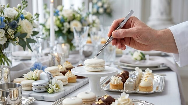 Professional pastry chef decorating elegant white macaron with edible silver leaf for a luxury wedding reception