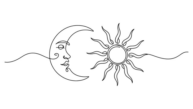 Sun and crescent moon with face in continuous single line drawing style