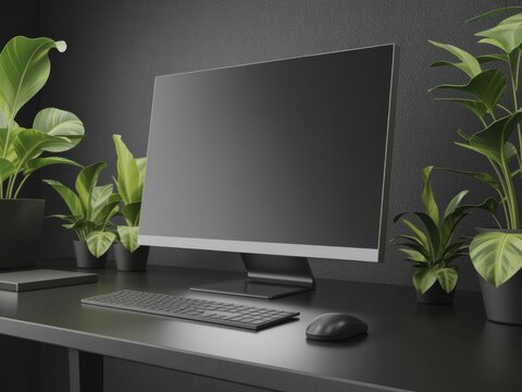 Minimalist computer monitor mockup on black desk, sleek workspace with blank screen, modern home office setup with green indoor plants