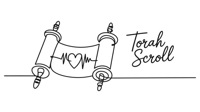 Continuous single line drawing of a jewish torah scroll with a heart beat pulse symbol and the handwritten text torah scroll for religious design