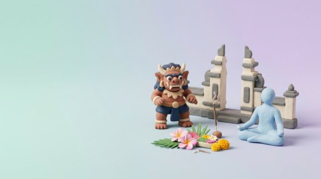 Balinese Nyepi day demon and meditating figure clay model