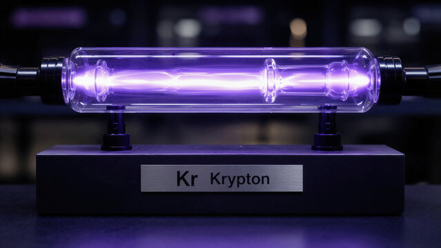 Krypton gas in a glass tube showing purple light during a science demonstration at a school lab