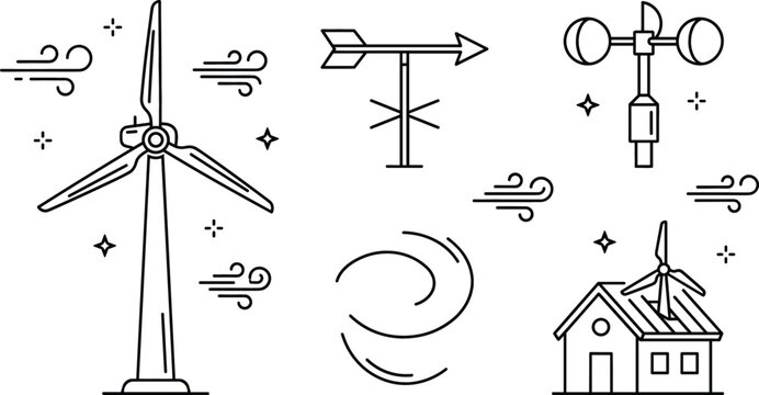 Wind energy icon set with turbine weather vane anemometer eco house and wind blowing symbols line art vector