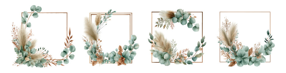 Boho wedding frames featuring watercolor eucalyptus branches, pampas grass, and botanical rustic elements, creating stylish borders for event invitations and decorative designs © Mari
