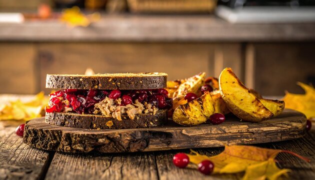 Turkey sandwich with cranberry stuffing and potatoes from Thanksgiving leftovers