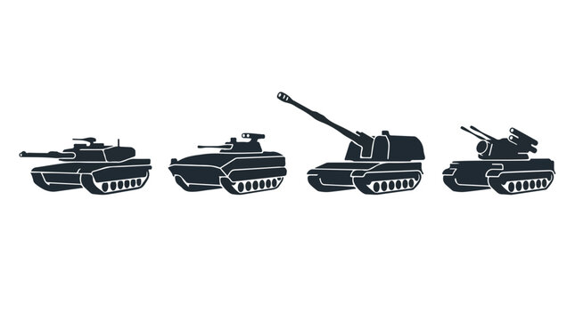 Series of military tanks with different gun turrets and armor in a row, showcasing armored combat vehicles for defense