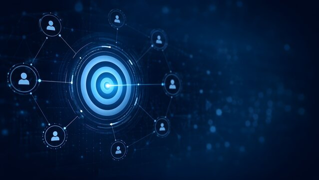 Digital business target interface connected to a network of user profile icons representing target audience demographics and marketing strategy in a cyberspace environment
