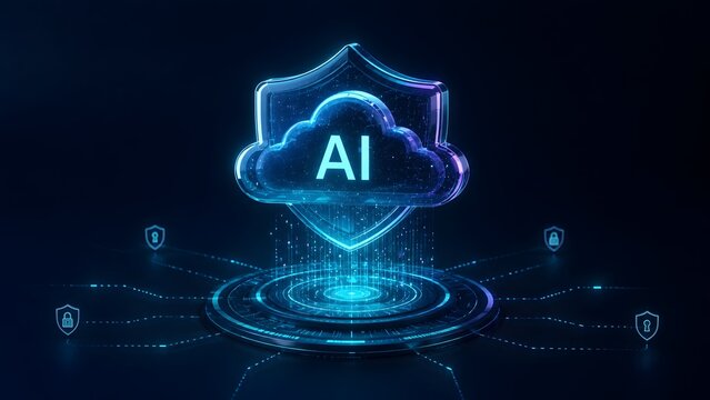 Futuristic AI cloud computing hologram enclosed in a glowing security shield floating over a digital network base symbolizing cyber security