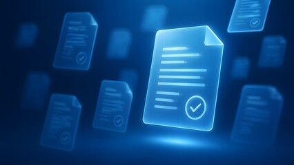 Glowing blue digital document icons with checkmarks floating in cyberspace representing electronic verification smart contracts and data security © Soil Plant