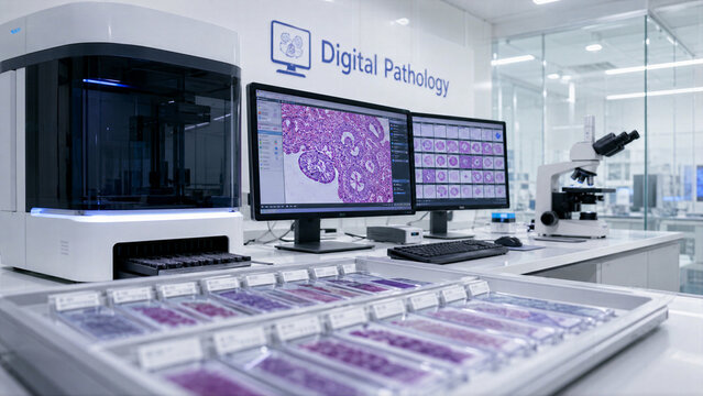 Digital pathology lab shows equipment and sample slides in modern workspace