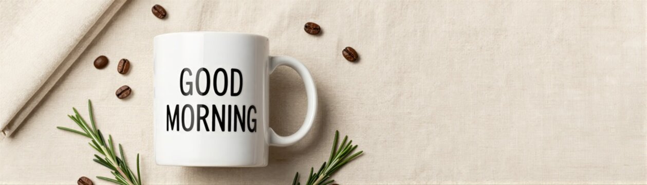 White Ceramic Mug With Phrase Good Morning Printed In Bold Black Letters On Side Positioned Centrally Against Textured Beige Background