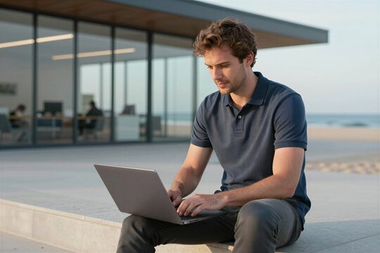 Young Adult Male As Main Subject Seated Outdoors On To Modern Architectural Structure With Large Glass Windows Reflecting Office