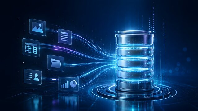 Digital database platform receiving documents, folders, analytics and media through secure data streams for enterprise information management