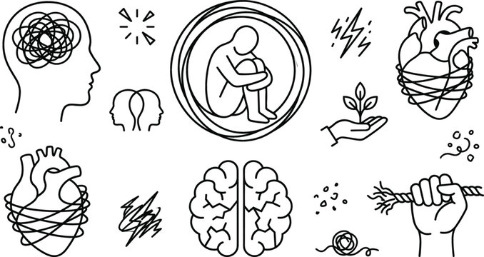 Mental health and stress icon set featuring tangled thoughts depression isolation broken brain and bound heart line art