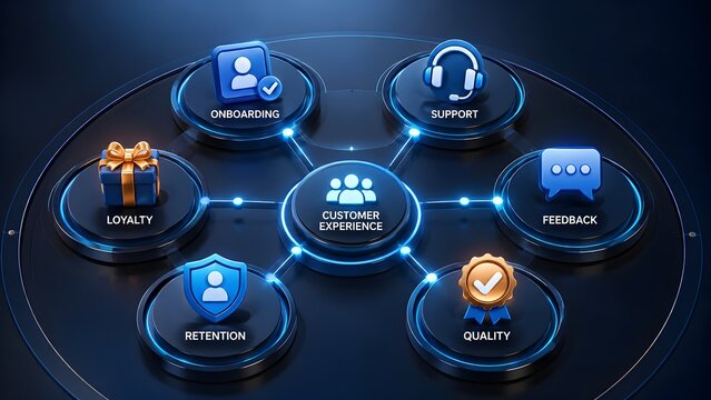 Glowing digital interface displaying customer experience management metrics with icons for onboarding support feedback quality retention and loyalty