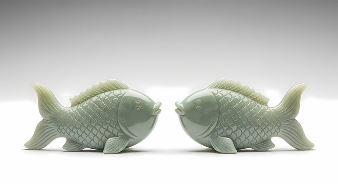 Two Serene Jade Fish Facing Each Other on White Background
