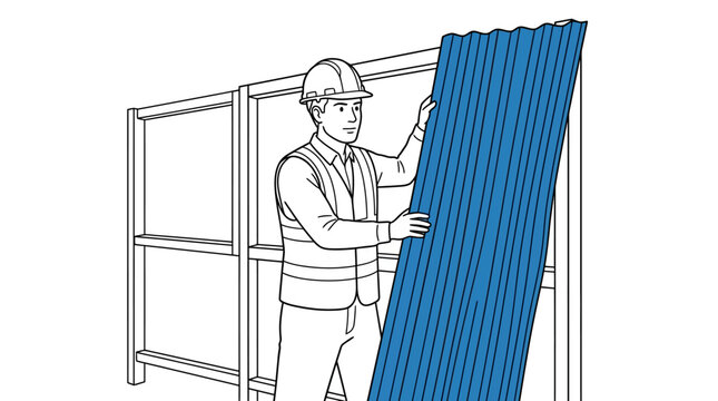 Construction worker installing blue corrugated metal sheet, line art illustration