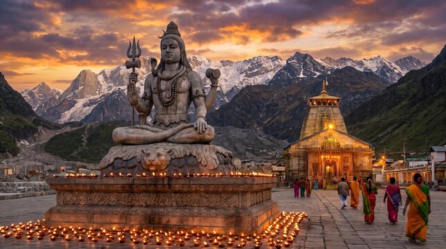 Majestic shiva statue and kedarnath temple with himalayan backdrop panorama