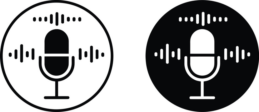 Microphone with sound wave icon podcast and recording symbol in black circle for audio broadcasting and media design
