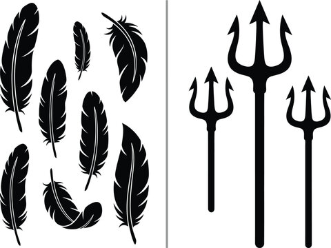 Black silhouette of feathers and devil tridents on white background