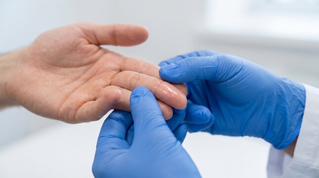 Rheumatologist examining swollen finger joints during a close-up clinical assessment for inflammatory arthritis and hand stiffness.