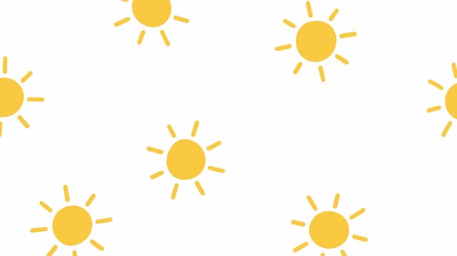 Multiple cute bright yellow sun shapes scattered on clean white background ideal for summer designs, childrens products, and cheerful visuals.