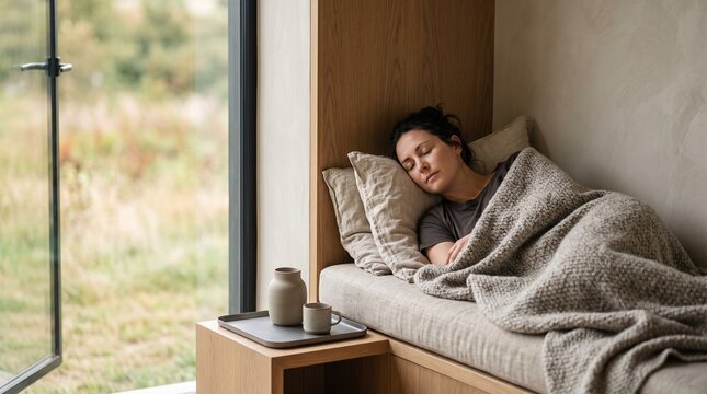 Resting adult on linen daybed in serene nature adjacent retreat interior