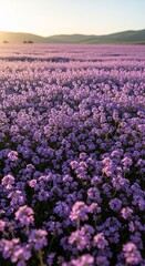 Fototapeta premium Vast Field of Purple Flowers Under a Golden Sunset Sky.