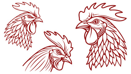 Red Line Art Illustrations of Rooster Heads with Detailed Comb and Feather Design for Farm Animal Vector Set © mstfozina