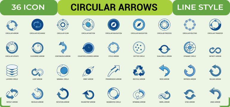 Professional collection of circular arrow icons featuring various rotating cycle line styles.
