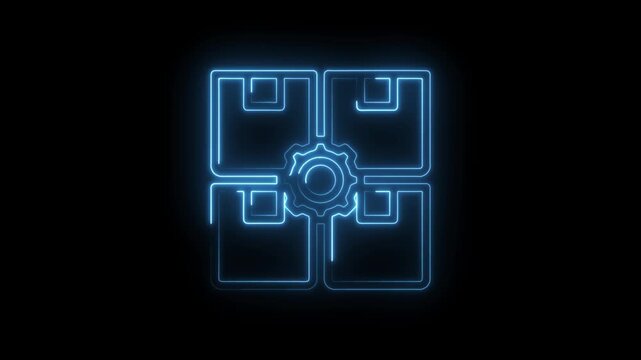 Neon blue abstract geometric pattern with central gear cog symbol representing technology... icon