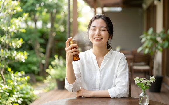 ミスト化粧水で保湿する若い日本人女性