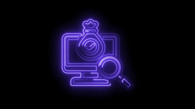 Neon purple icon of computer screen with money bag and checkmark symbol and magnifying glass on