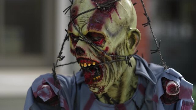Halloween mask with realistic zombie face. Scary Halloween decoration creates dark fear. Creepy zombie suits Halloween horror. Haunted monster head for Halloween terror.