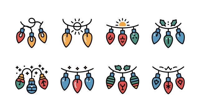 Set of colorful christmas light string icons for holiday decoration with christmas decorations colorful celebration