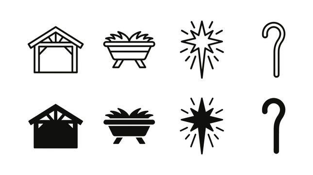Christmas nativity icons featuring manger stable star and shepherd staff nativity shepherd christmas silhouette