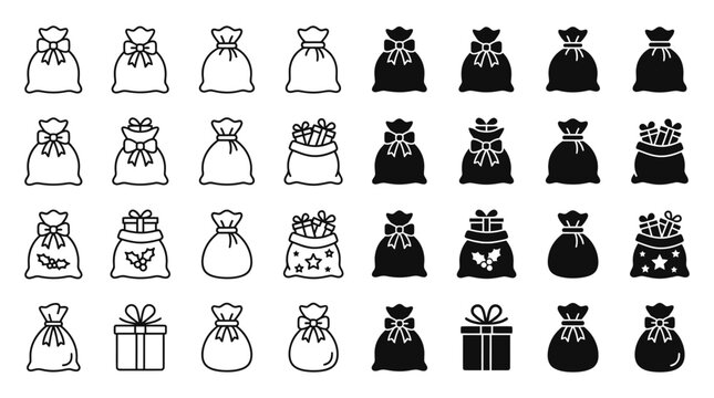 Christmas gift bag and present icon set with christmas silhouette seasonal celebration decoration illustration