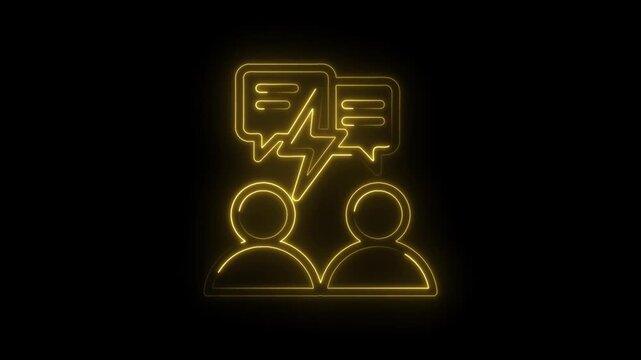 Glowing yellow neon outline of two stylized human figures in conversation with a lightning icon
