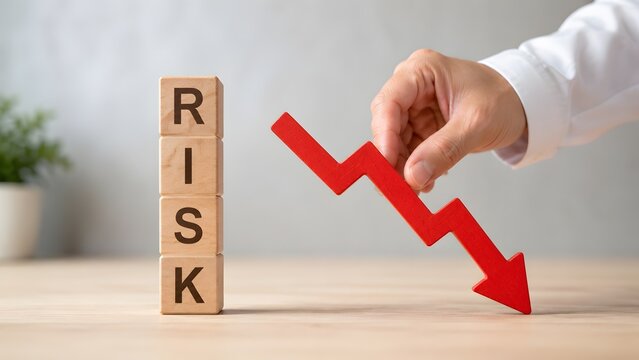 Risk reduction and loss mitigation business strategy with hand pushing down a red downward arrow graph