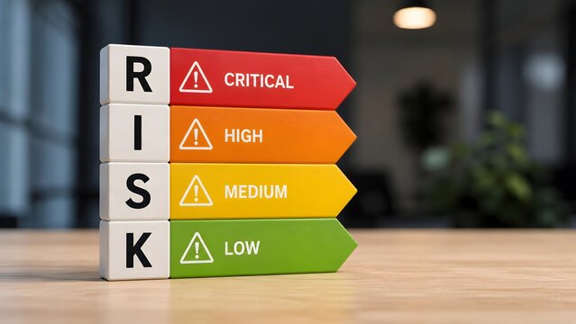 Business risk level assessment pyramid with critical high medium and low priority status markers