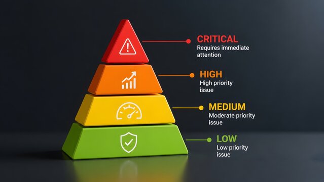 Priority level risk management pyramid with critical, high, medium, and low importance icon labels