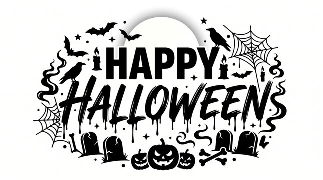Happy Halloween spooky graphic bundle with dripping text font, jack-o-lantern pumpkins, gravestones, bats, spiders, spiderwebs, ravens, candles and bones silhouette illustration for festive decor.