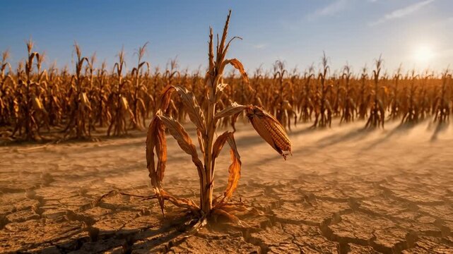 Dried corn plant standing alone in parched agricultural field  