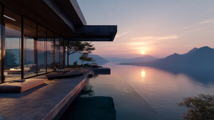 Fototapeta premium luxury villa overlooking mountains, floor-to-ceiling windows, sunrise light, calm peaceful environment