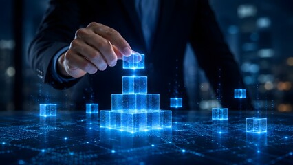 Obraz premium Digital business architecture and tech foundation concept with a hand building a glowing blue holographic cube pyramid