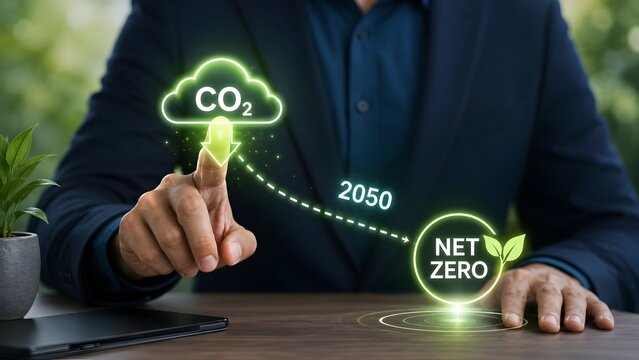 Corporate climate action and net zero commitment concept with a businessman interacting with a carbon reduction interface